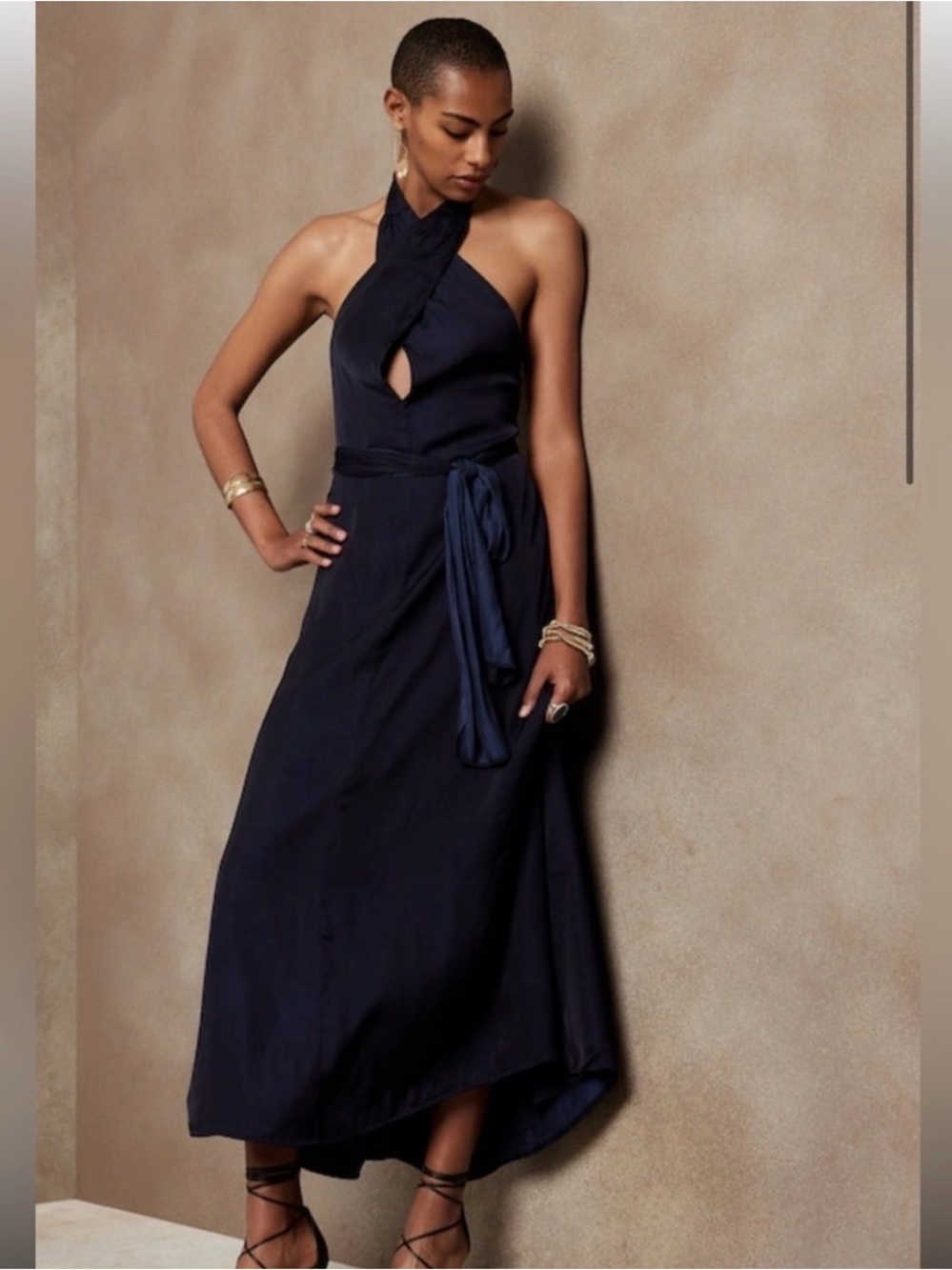 Halter Tie-Waist Navy Midi Dress